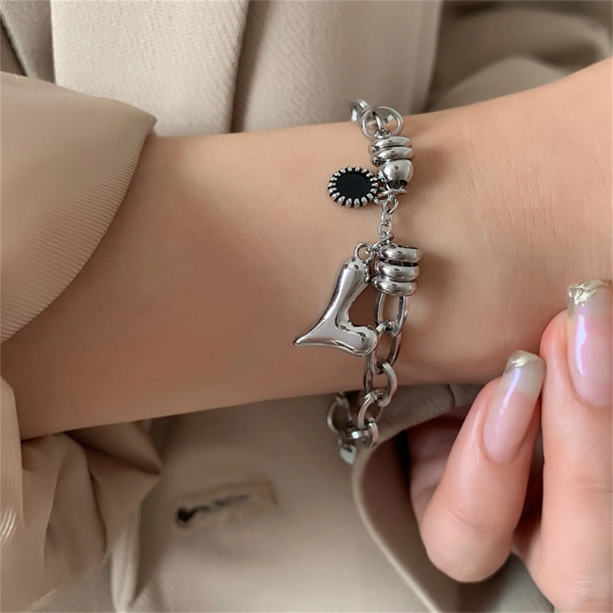 Cubic Zirconia & Silver-Plated Heart Charm Bracelet