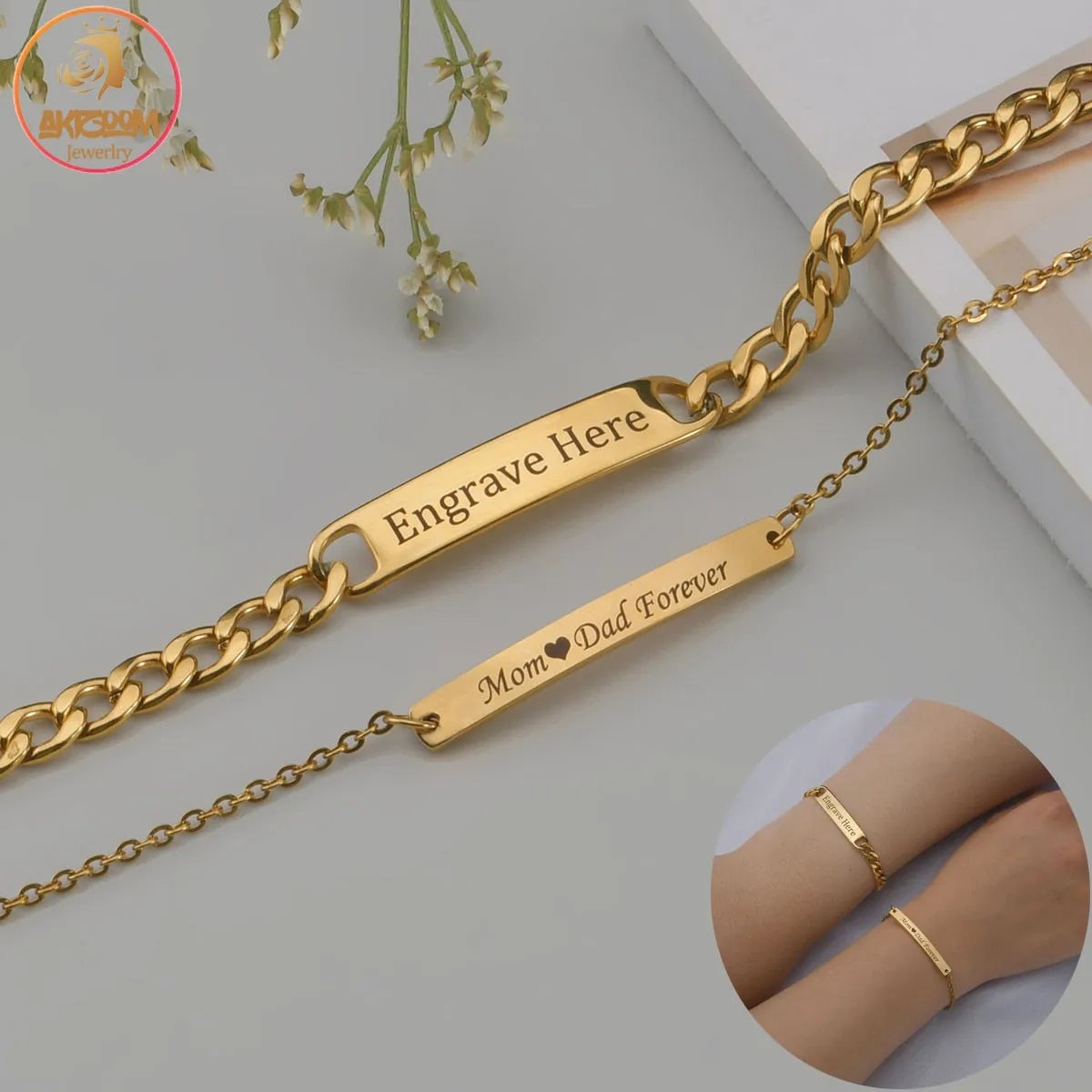 Custom Engraved Punk Name Bracelets: Gold Color Stainless Steel Thick Hand Chain for Personalized Couple's Jewelry Gift - Men's and Women's Fashion Accessory