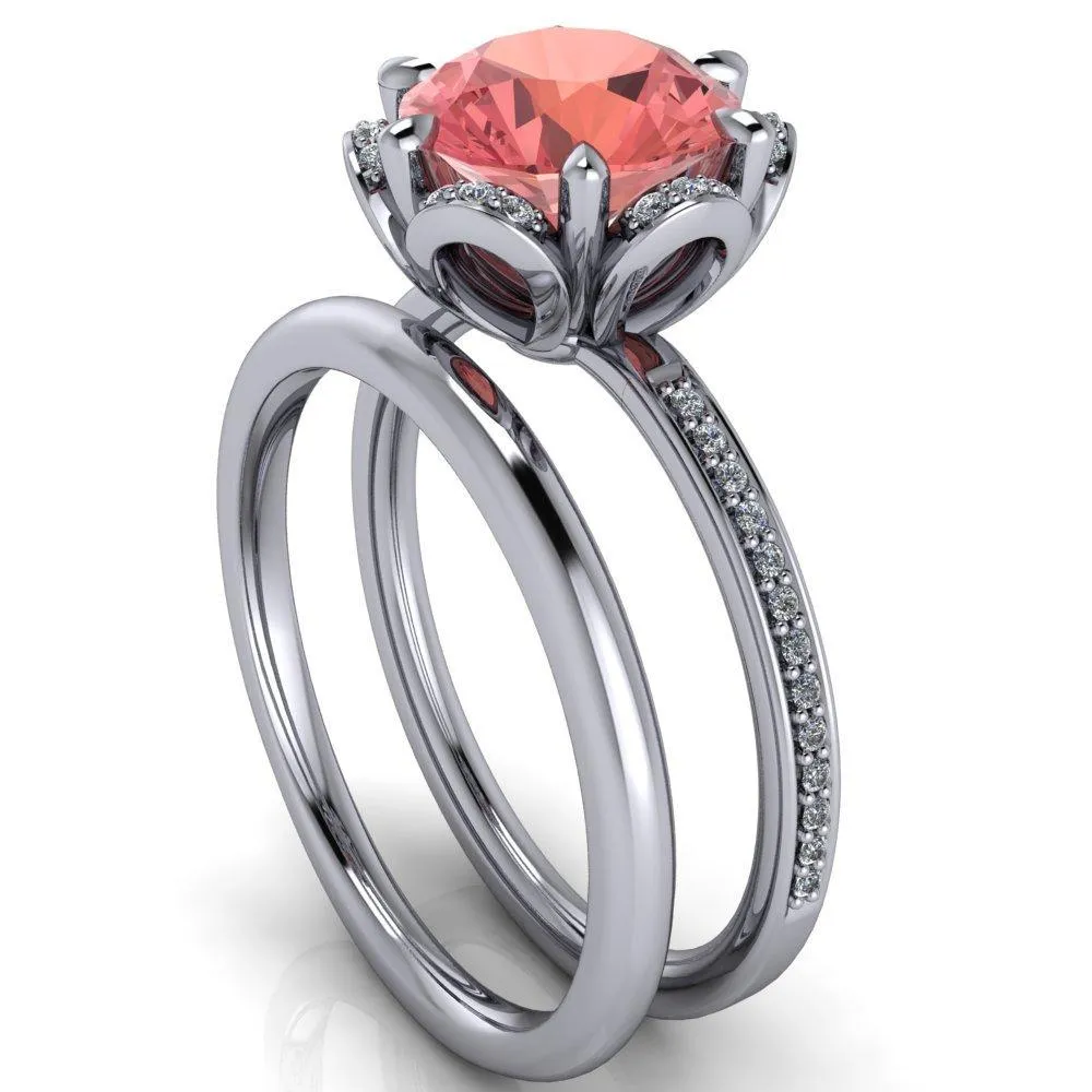 Daisy Round Padparadscha Sapphire Floral Diamond Basket Design and Diamond Shoulders Ring