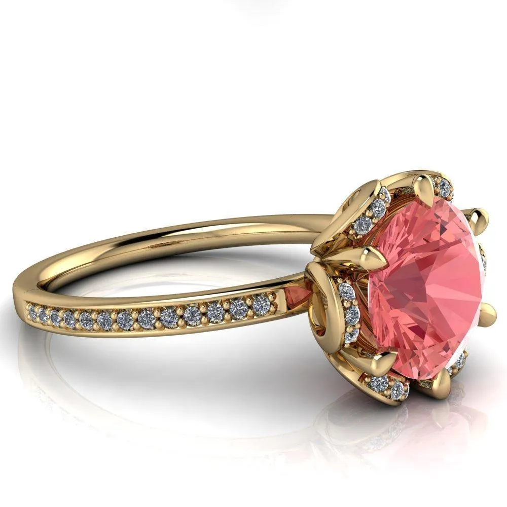 Daisy Round Padparadscha Sapphire Floral Diamond Basket Design and Diamond Shoulders Ring