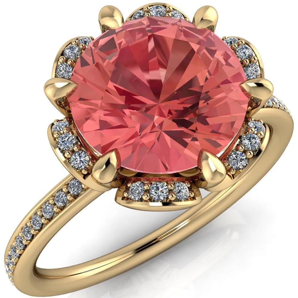 Daisy Round Padparadscha Sapphire Floral Diamond Basket Design and Diamond Shoulders Ring