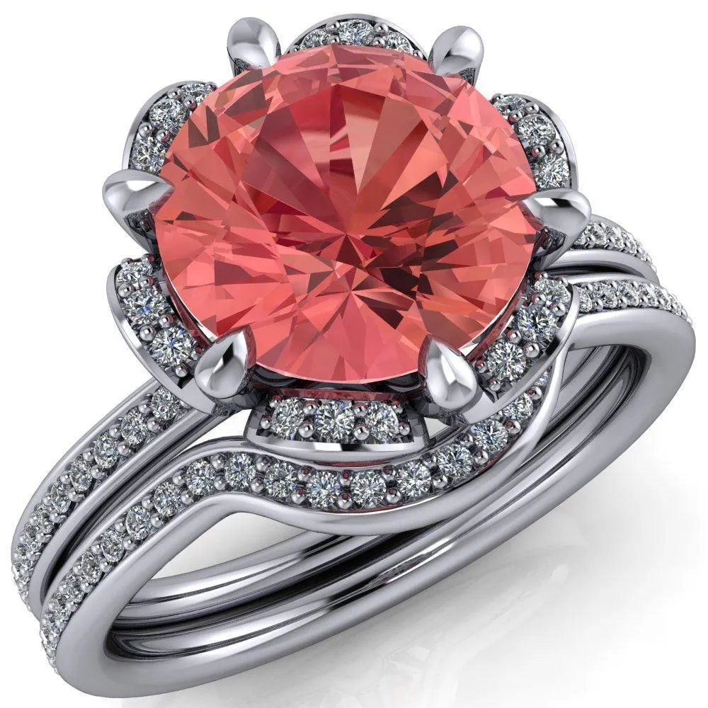 Daisy Round Padparadscha Sapphire Floral Diamond Basket Design and Diamond Shoulders Ring