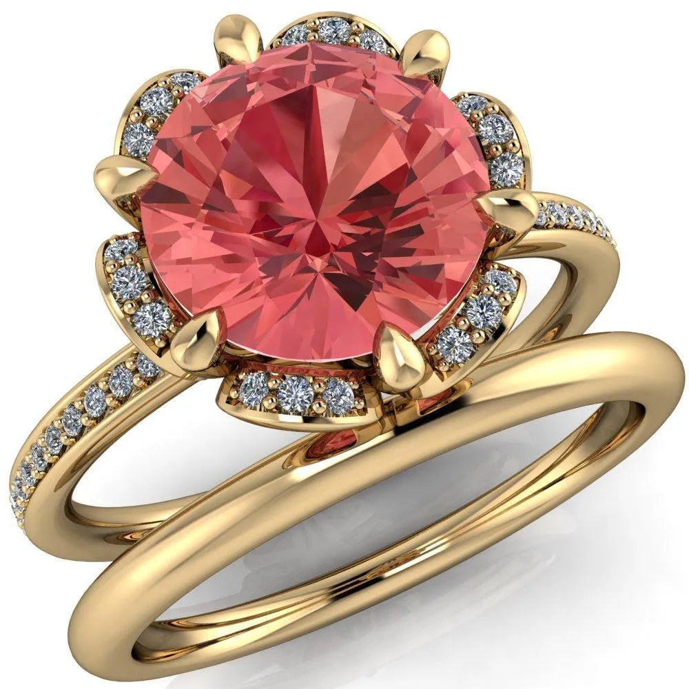 Daisy Round Padparadscha Sapphire Floral Diamond Basket Design and Diamond Shoulders Ring