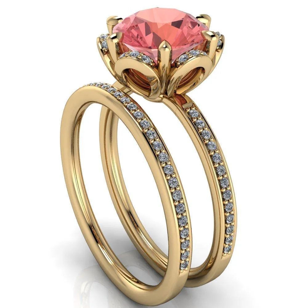 Daisy Round Padparadscha Sapphire Floral Diamond Basket Design and Diamond Shoulders Ring