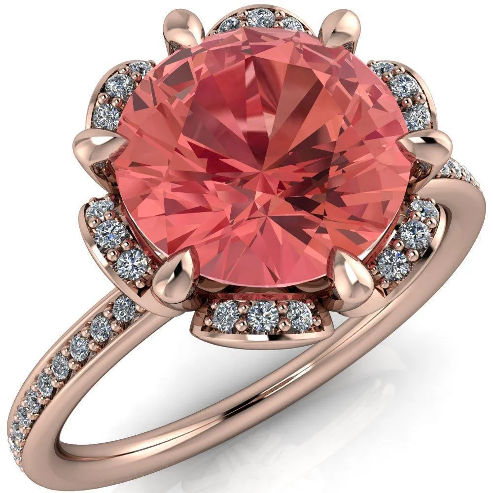 Daisy Round Padparadscha Sapphire Floral Diamond Basket Design and Diamond Shoulders Ring
