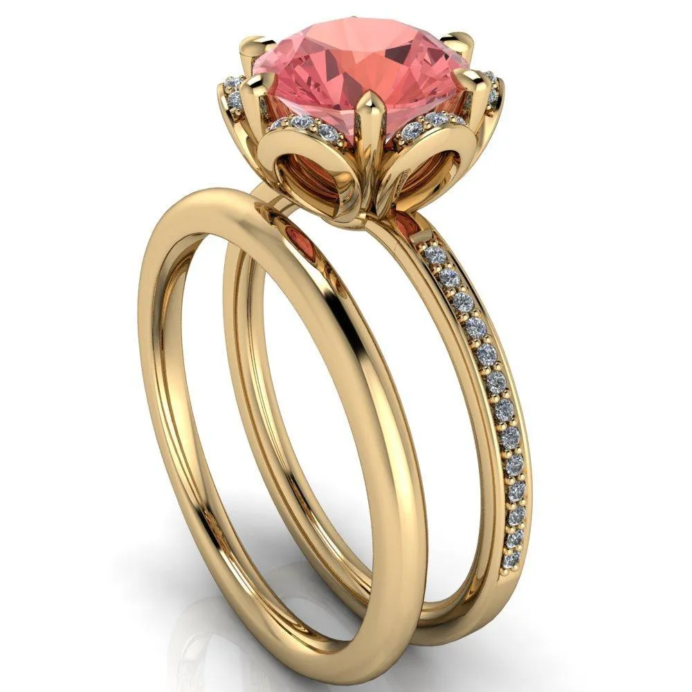 Daisy Round Padparadscha Sapphire Floral Diamond Basket Design and Diamond Shoulders Ring