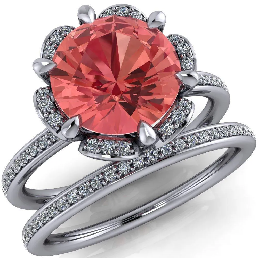 Daisy Round Padparadscha Sapphire Floral Diamond Basket Design and Diamond Shoulders Ring