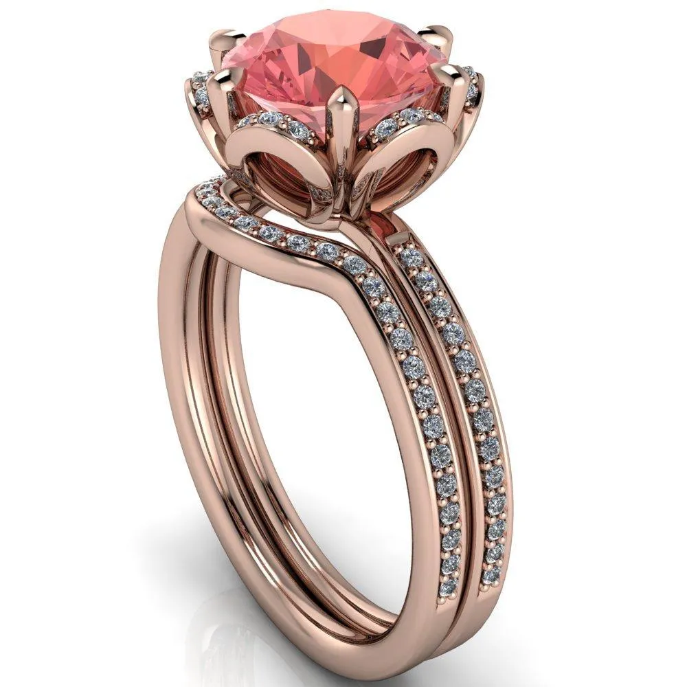 Daisy Round Padparadscha Sapphire Floral Diamond Basket Design and Diamond Shoulders Ring