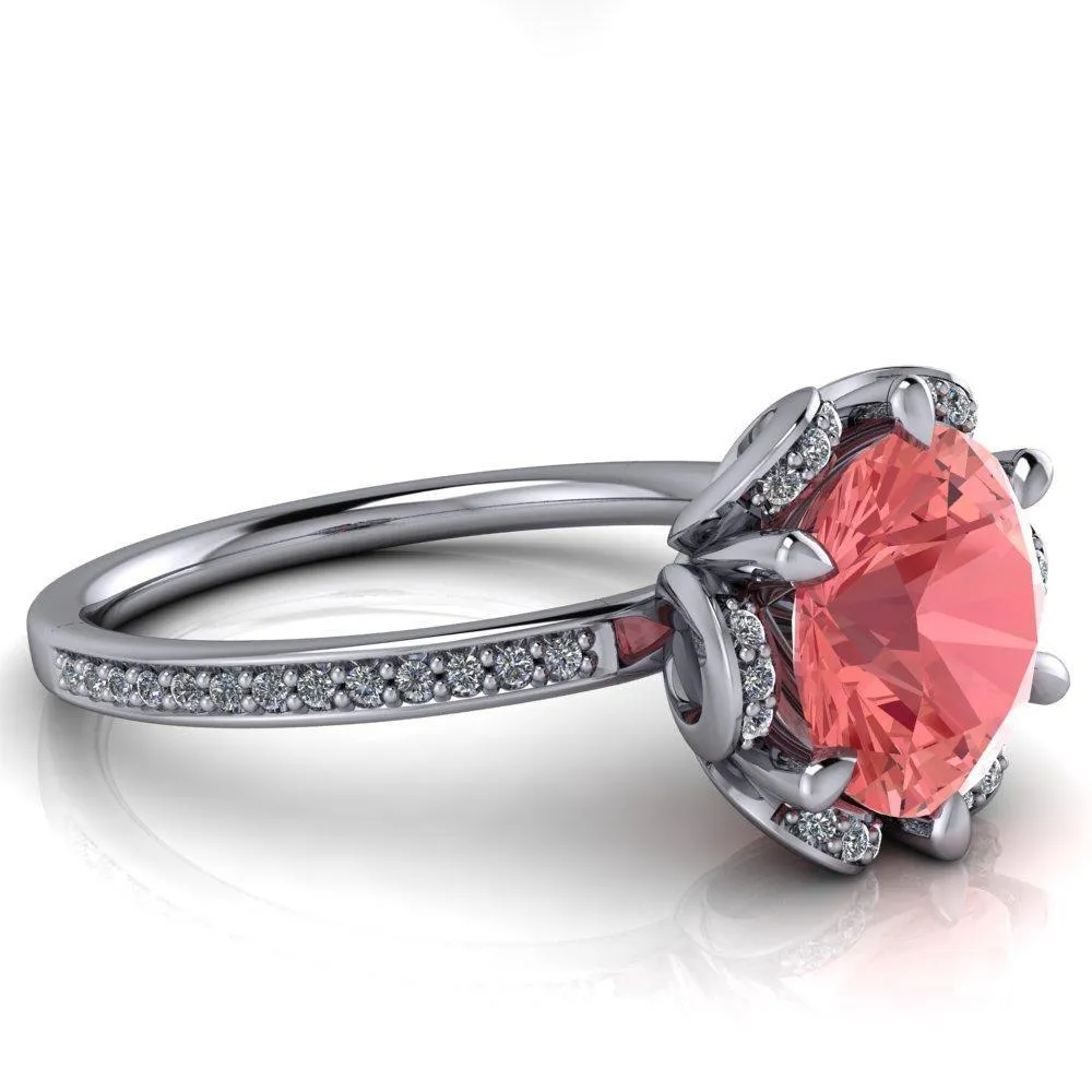 Daisy Round Padparadscha Sapphire Floral Diamond Basket Design and Diamond Shoulders Ring