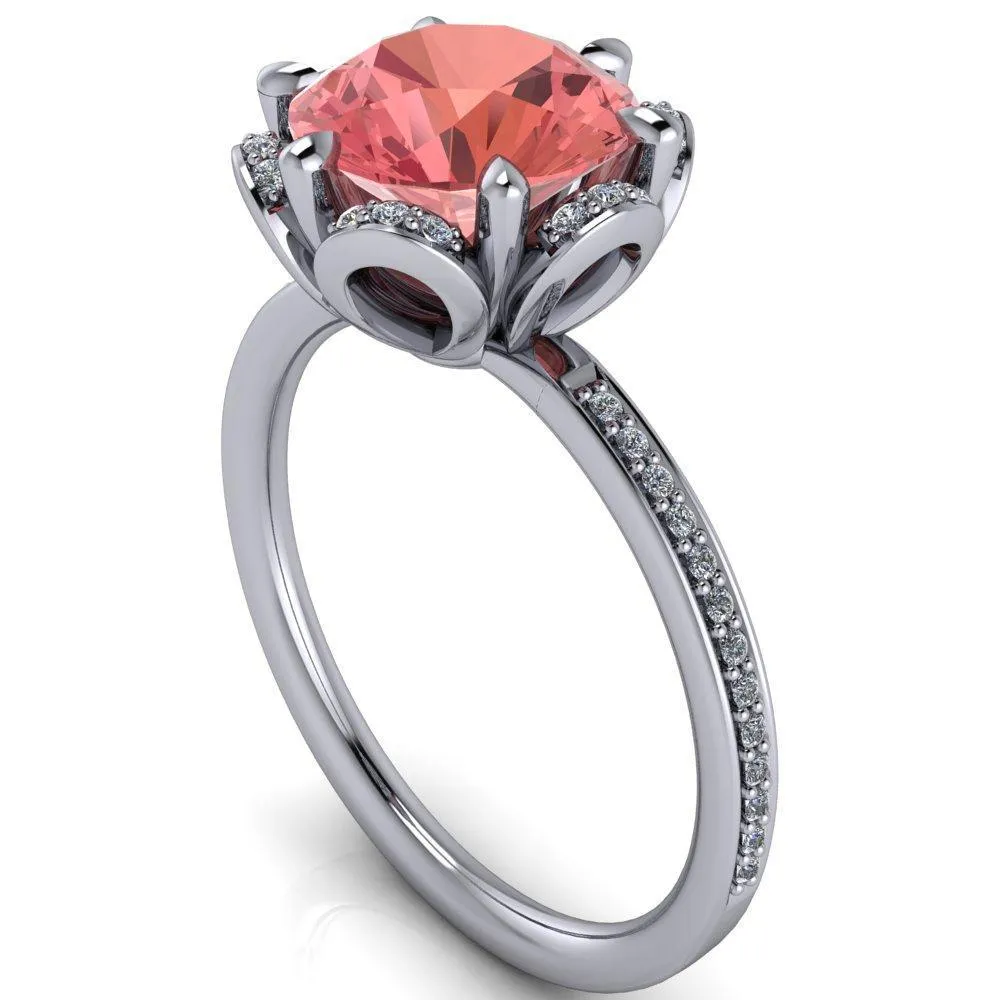 Daisy Round Padparadscha Sapphire Floral Diamond Basket Design and Diamond Shoulders Ring