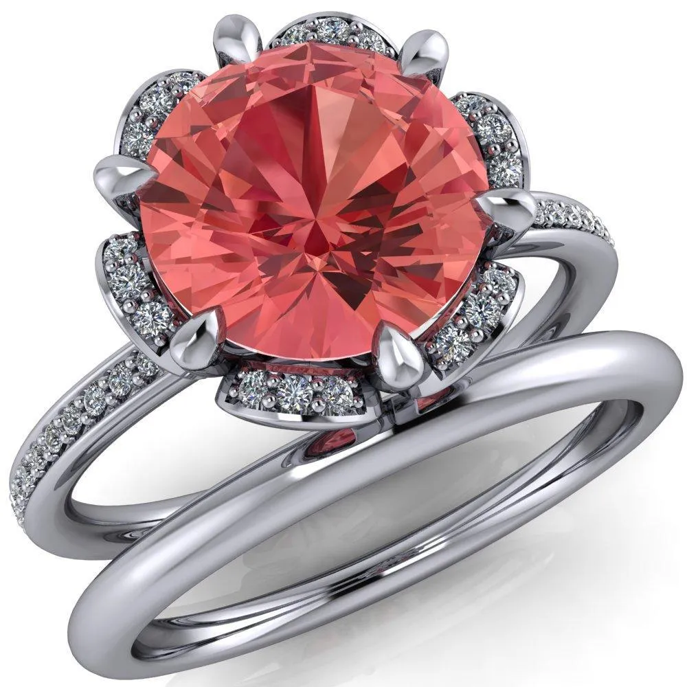 Daisy Round Padparadscha Sapphire Floral Diamond Basket Design and Diamond Shoulders Ring