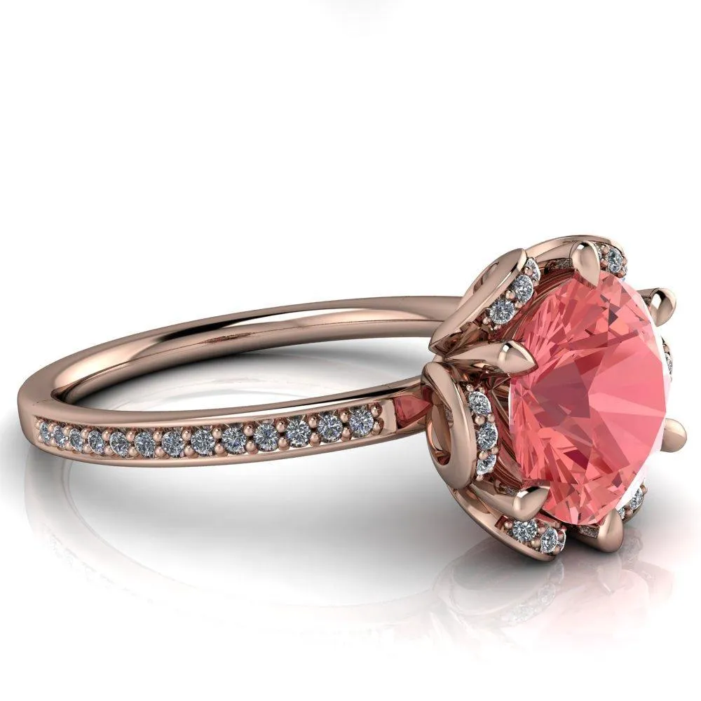 Daisy Round Padparadscha Sapphire Floral Diamond Basket Design and Diamond Shoulders Ring