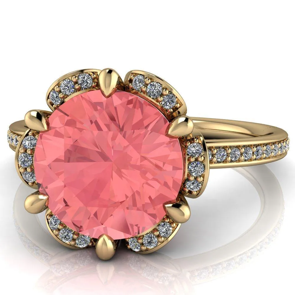 Daisy Round Padparadscha Sapphire Floral Diamond Basket Design and Diamond Shoulders Ring