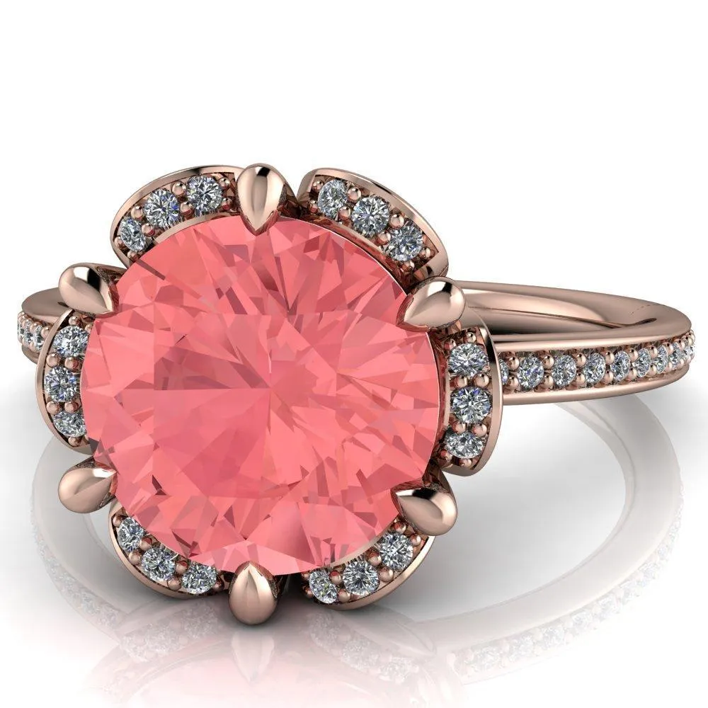 Daisy Round Padparadscha Sapphire Floral Diamond Basket Design and Diamond Shoulders Ring