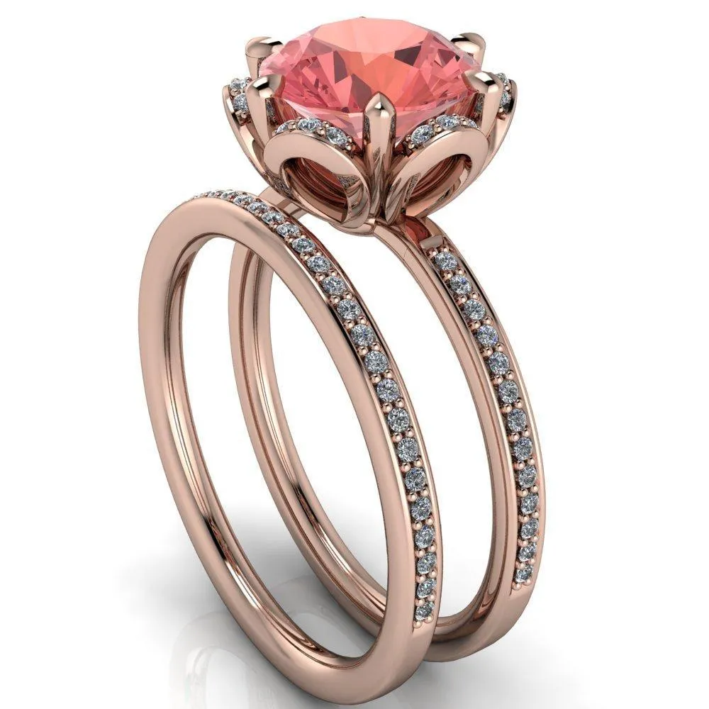 Daisy Round Padparadscha Sapphire Floral Diamond Basket Design and Diamond Shoulders Ring