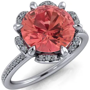 Daisy Round Padparadscha Sapphire Floral Diamond Basket Design and Diamond Shoulders Ring
