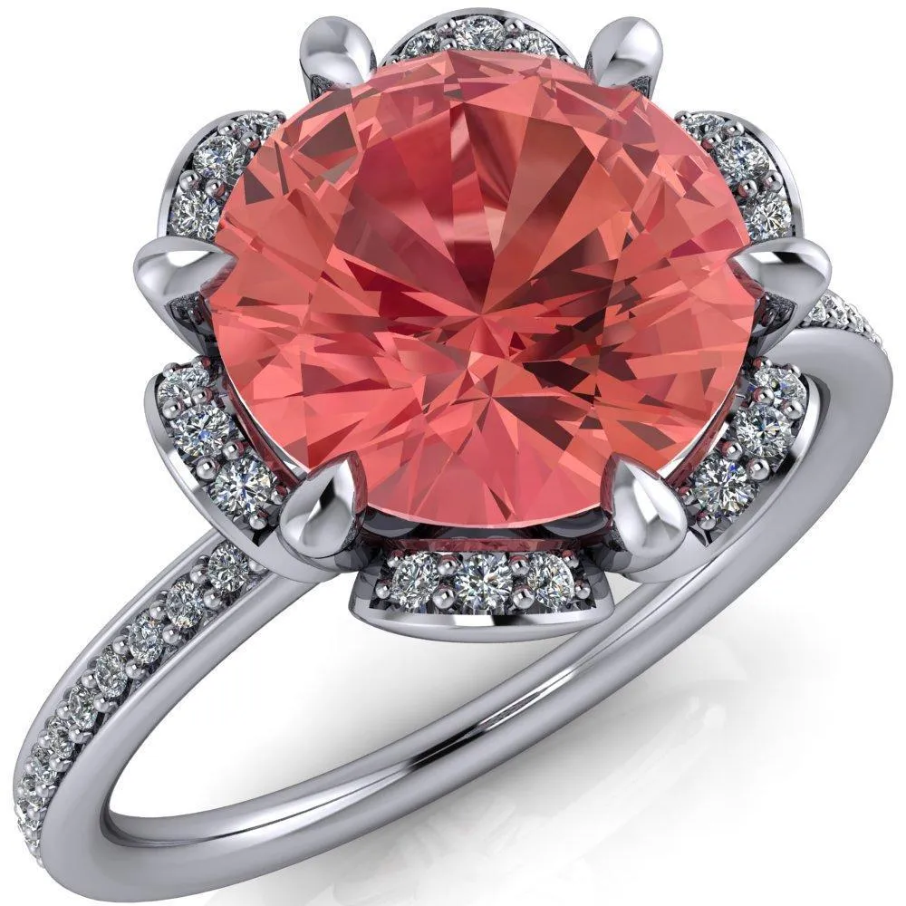 Daisy Round Padparadscha Sapphire Floral Diamond Basket Design and Diamond Shoulders Ring