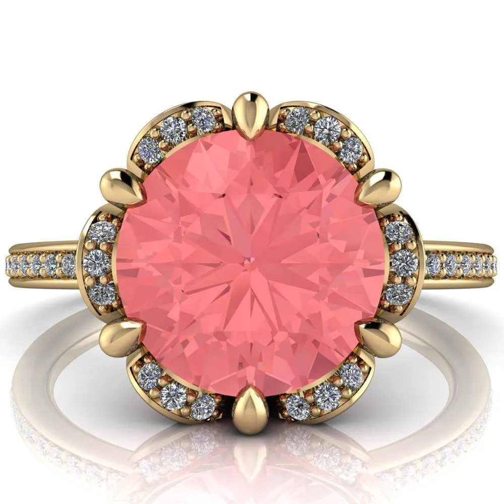 Daisy Round Padparadscha Sapphire Floral Diamond Basket Design and Diamond Shoulders Ring