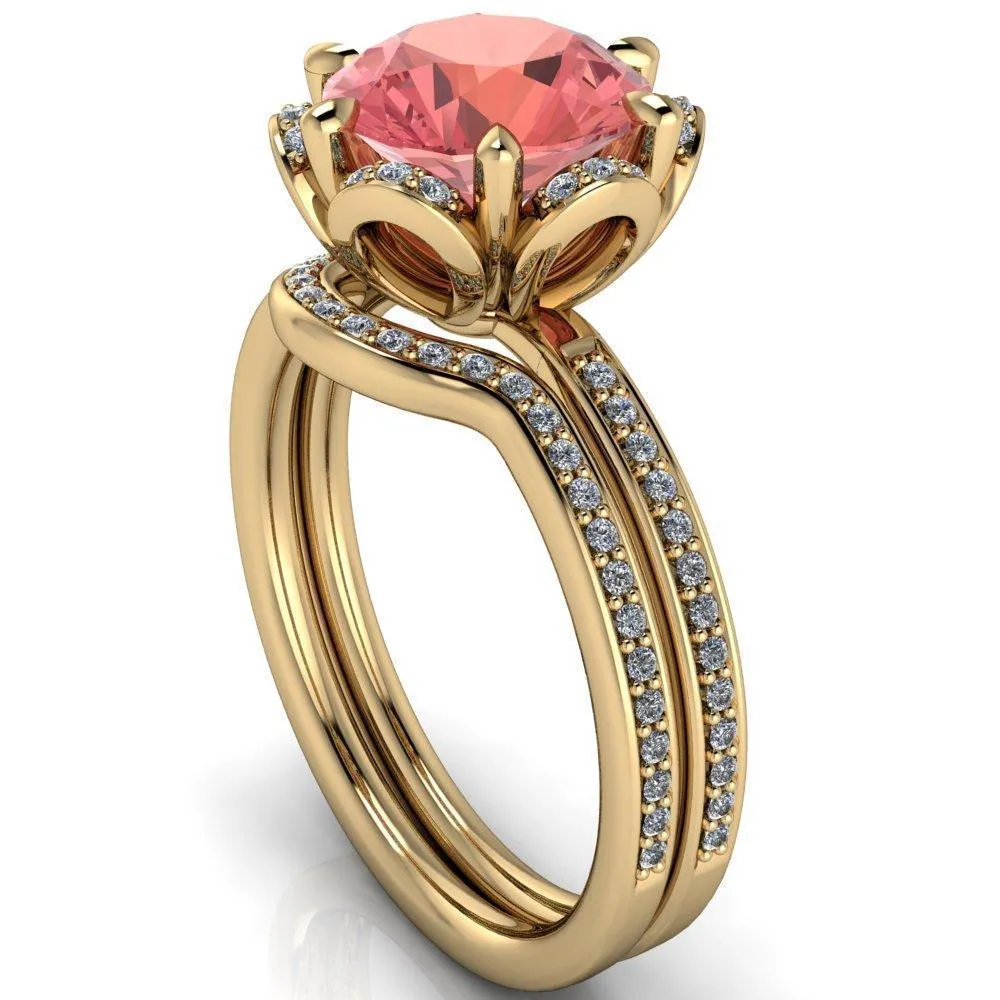 Daisy Round Padparadscha Sapphire Floral Diamond Basket Design and Diamond Shoulders Ring