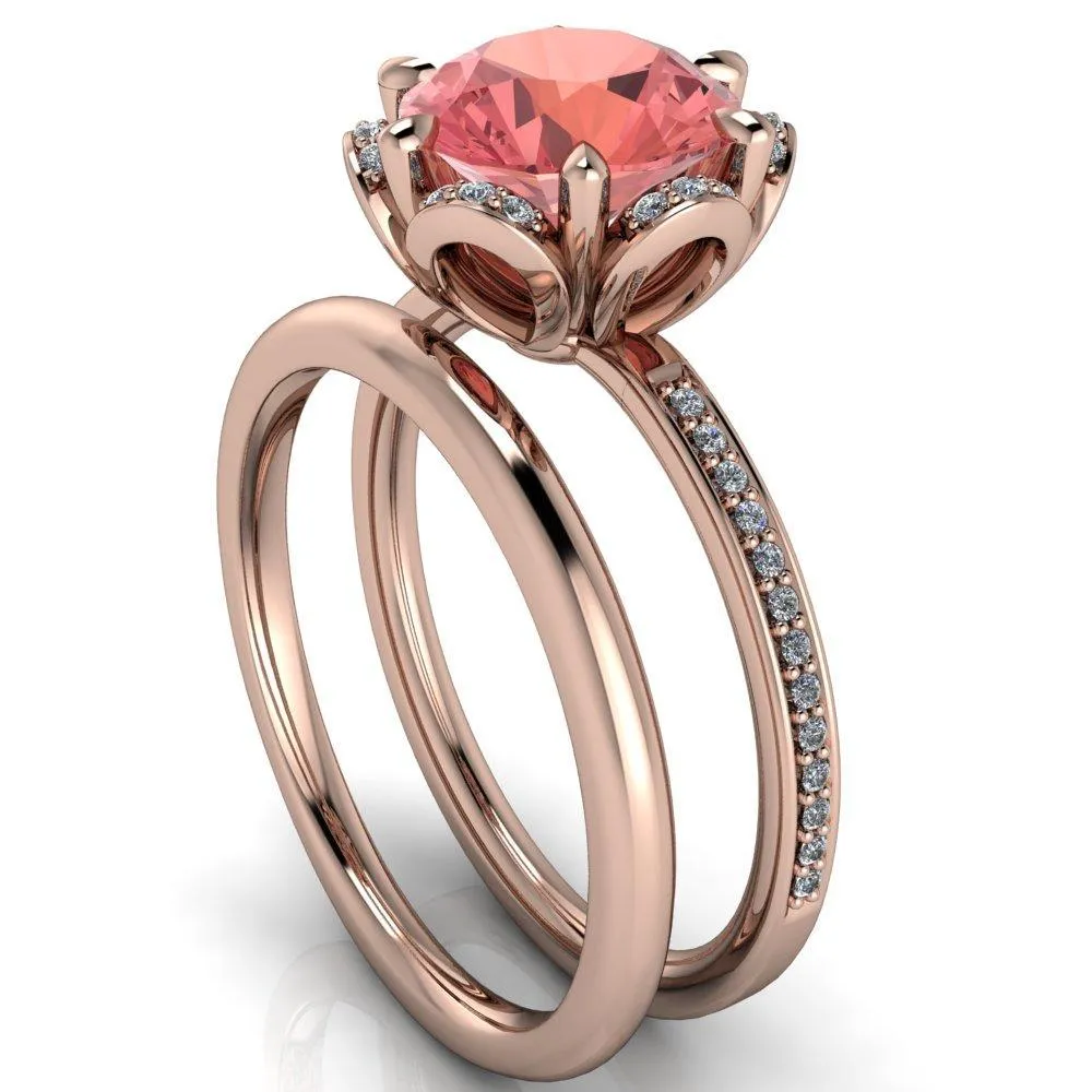 Daisy Round Padparadscha Sapphire Floral Diamond Basket Design and Diamond Shoulders Ring