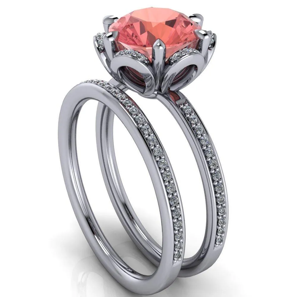 Daisy Round Padparadscha Sapphire Floral Diamond Basket Design and Diamond Shoulders Ring