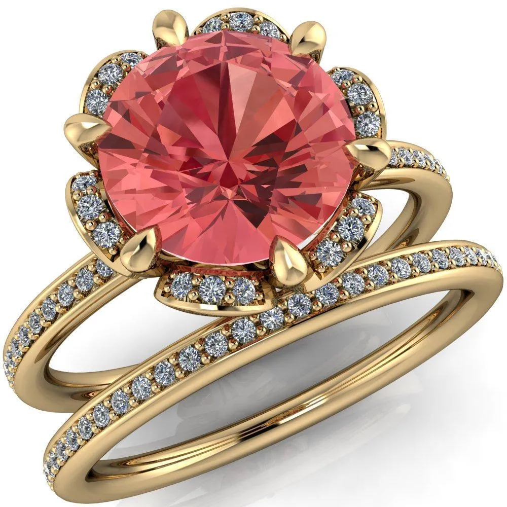 Daisy Round Padparadscha Sapphire Floral Diamond Basket Design and Diamond Shoulders Ring