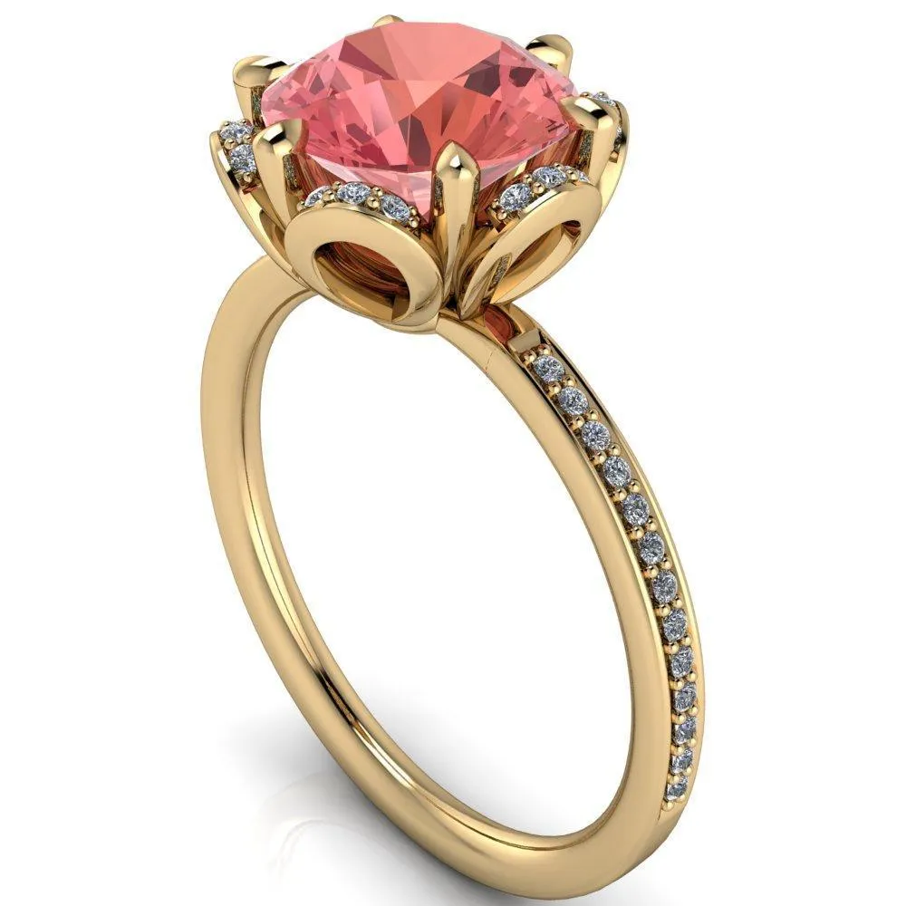 Daisy Round Padparadscha Sapphire Floral Diamond Basket Design and Diamond Shoulders Ring