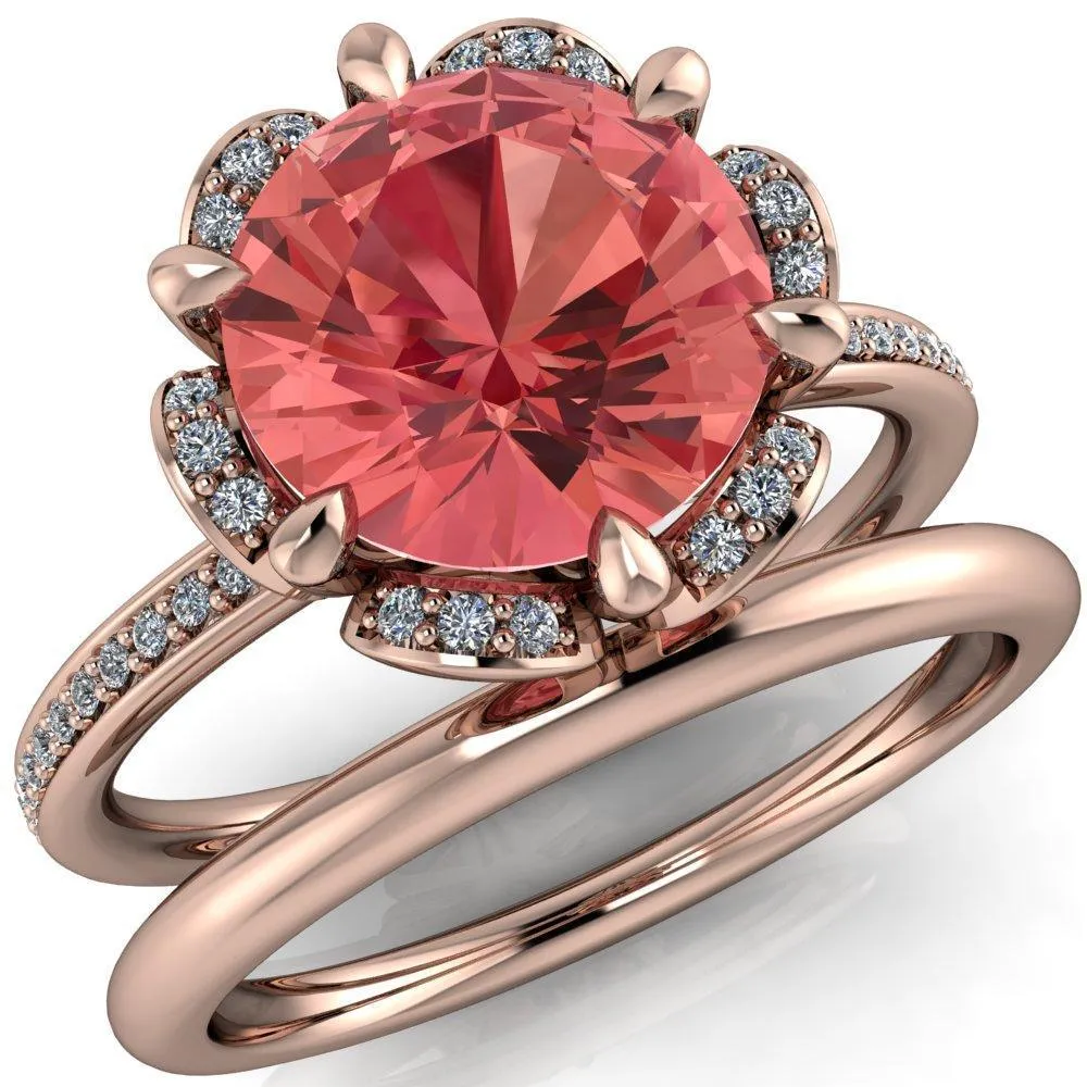 Daisy Round Padparadscha Sapphire Floral Diamond Basket Design and Diamond Shoulders Ring