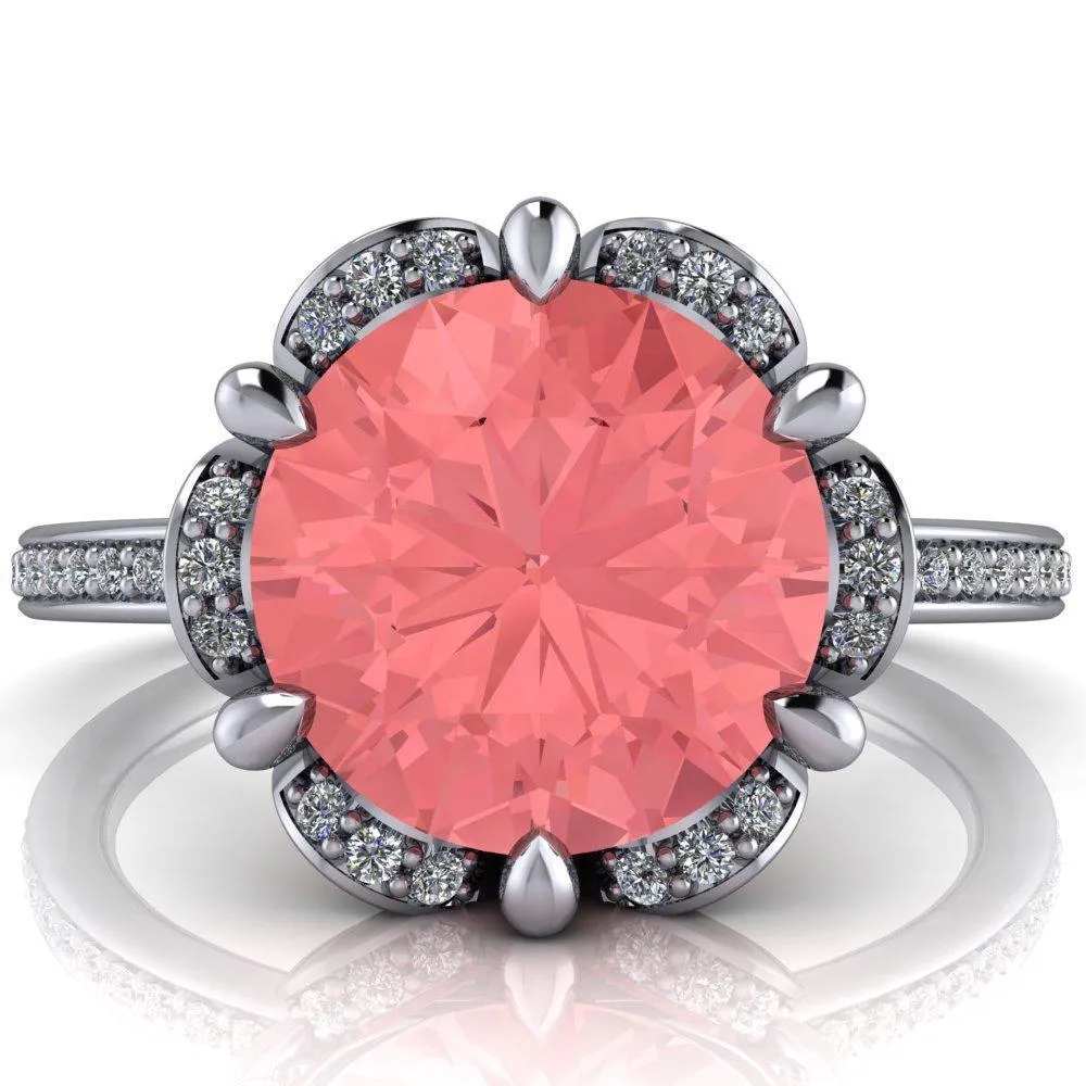 Daisy Round Padparadscha Sapphire Floral Diamond Basket Design and Diamond Shoulders Ring