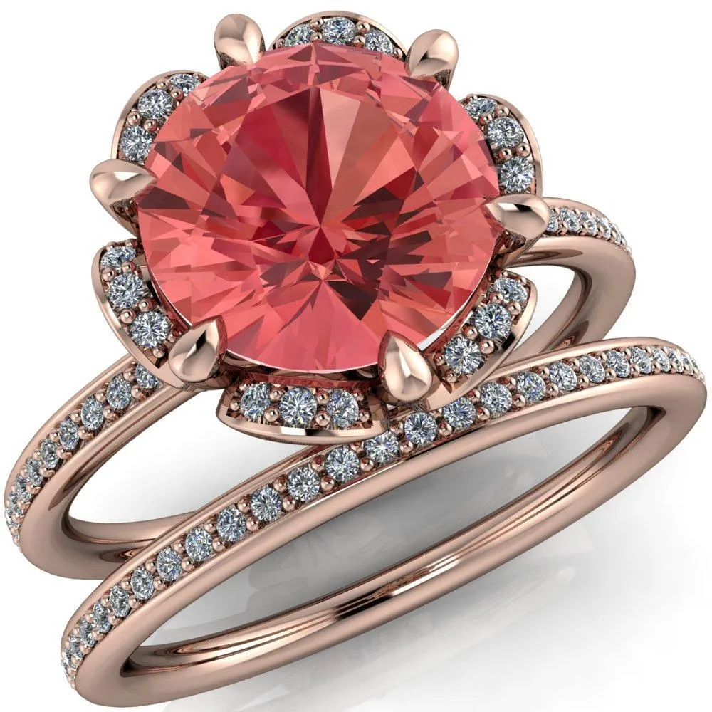 Daisy Round Padparadscha Sapphire Floral Diamond Basket Design and Diamond Shoulders Ring