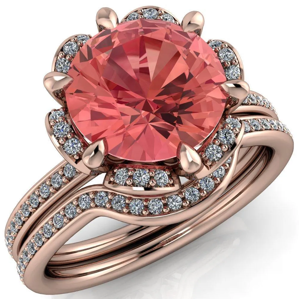 Daisy Round Padparadscha Sapphire Floral Diamond Basket Design and Diamond Shoulders Ring