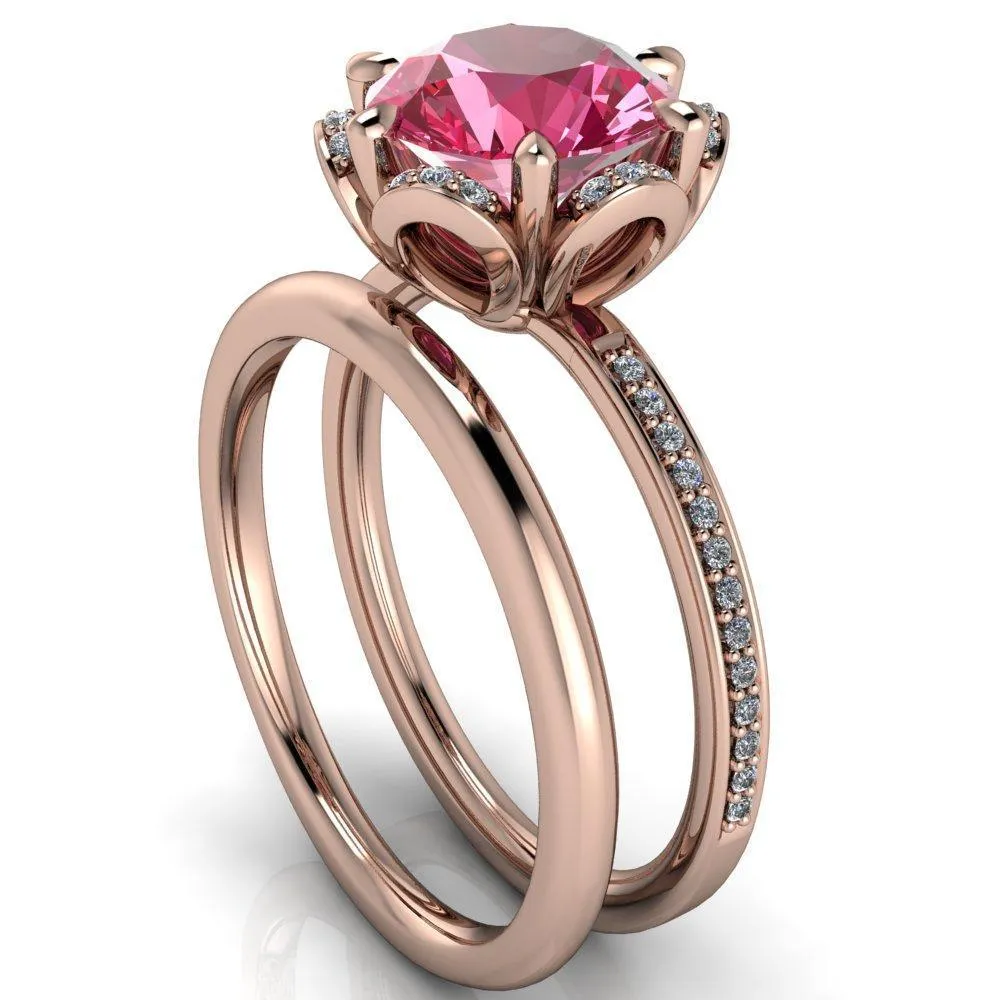 Daisy Round Pink Sapphire Floral Diamond Basket Design and Diamond Shoulders Ring