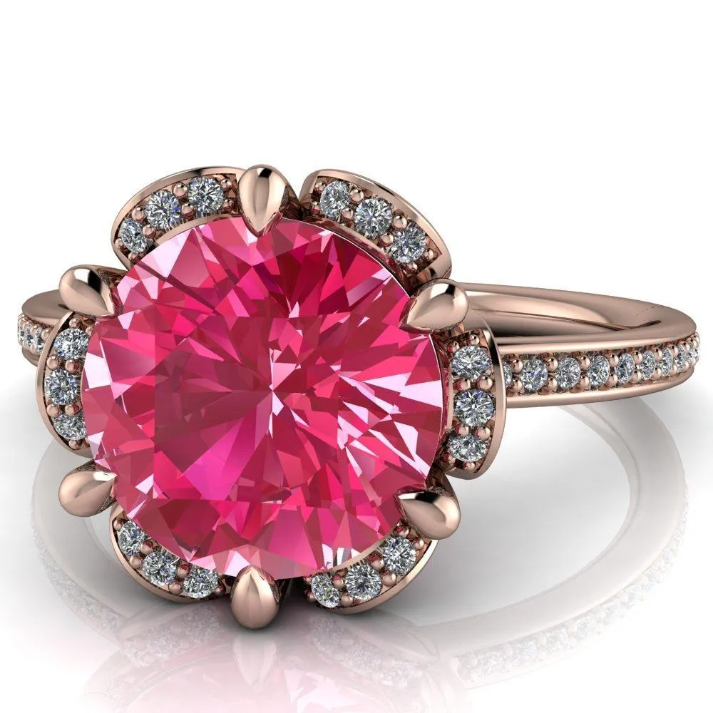 Daisy Round Pink Sapphire Floral Diamond Basket Design and Diamond Shoulders Ring