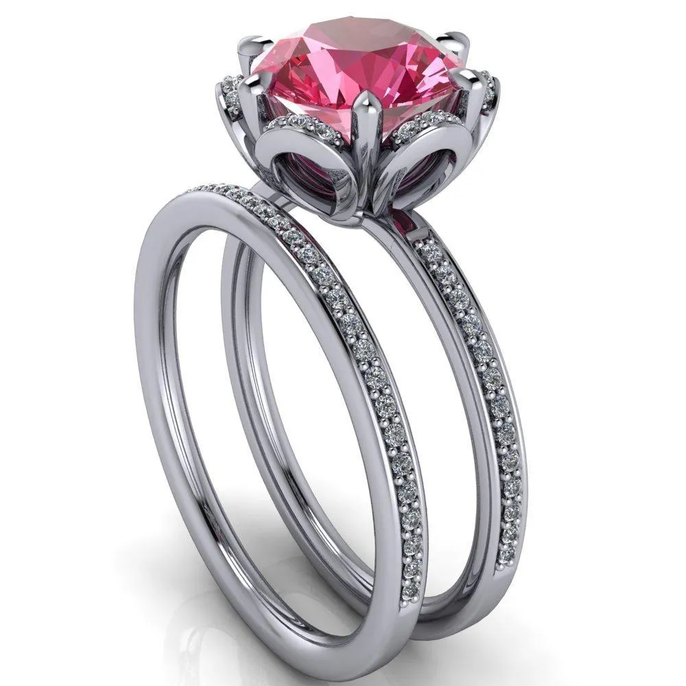 Daisy Round Pink Sapphire Floral Diamond Basket Design and Diamond Shoulders Ring