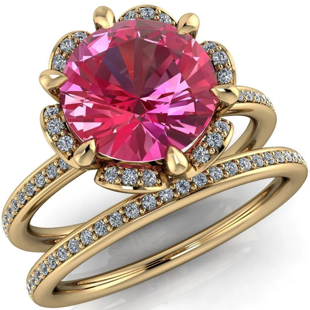 Daisy Round Pink Sapphire Floral Diamond Basket Design and Diamond Shoulders Ring