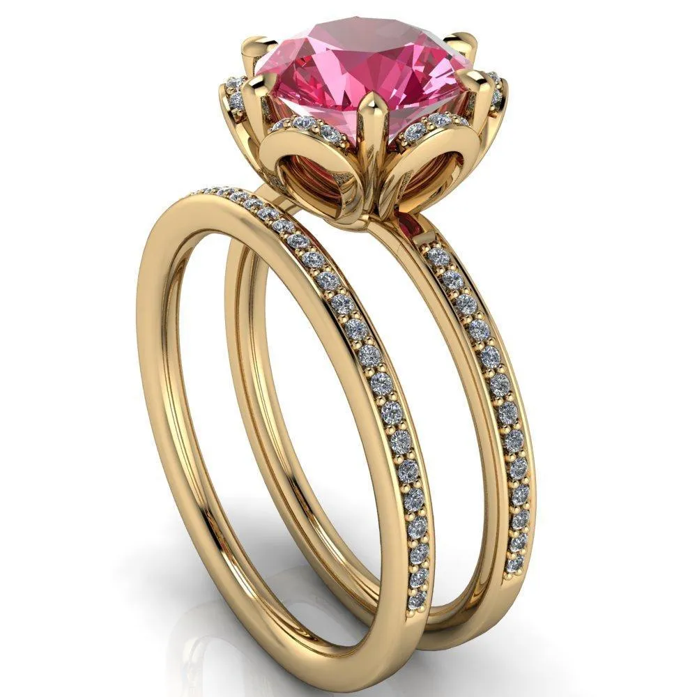 Daisy Round Pink Sapphire Floral Diamond Basket Design and Diamond Shoulders Ring