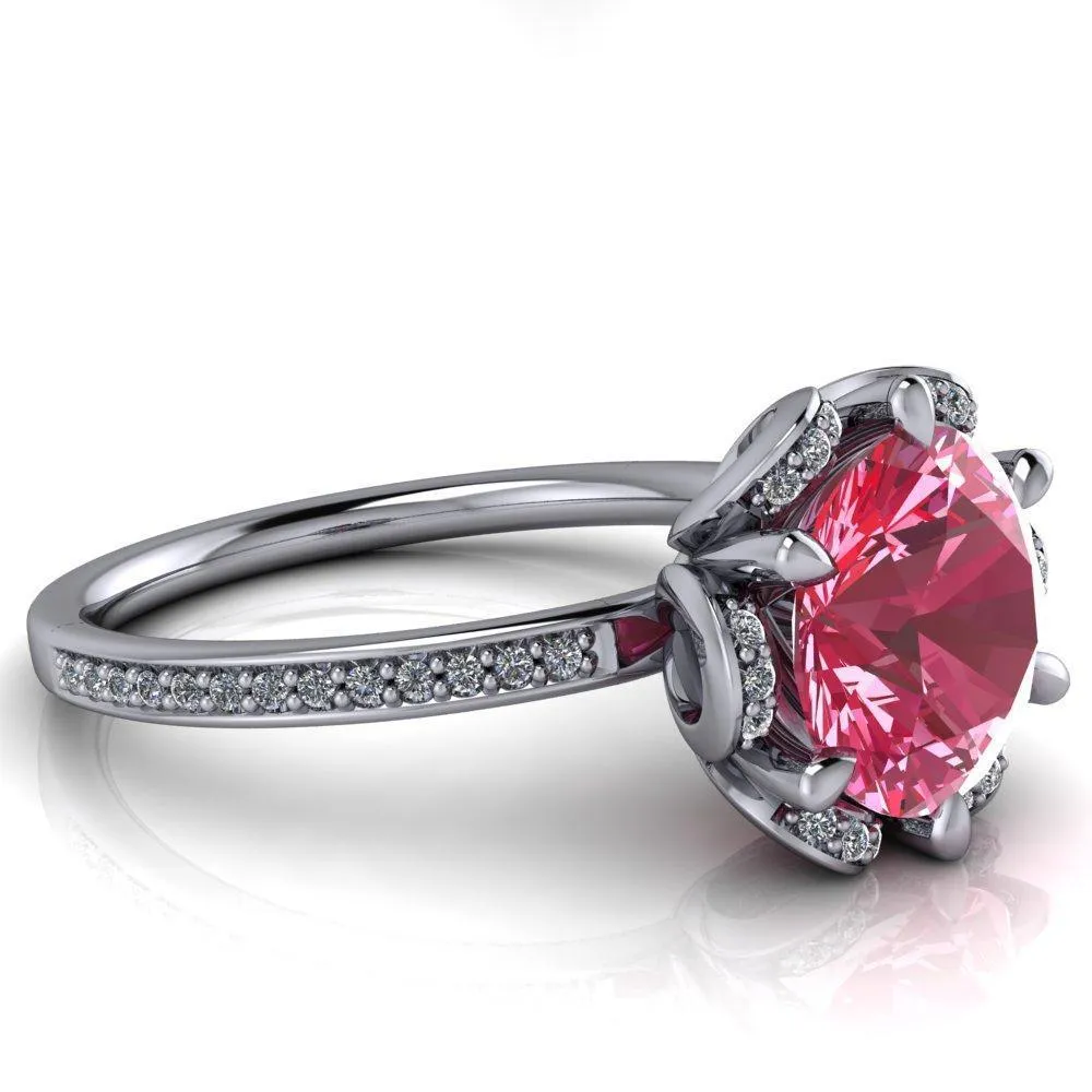 Daisy Round Pink Sapphire Floral Diamond Basket Design and Diamond Shoulders Ring
