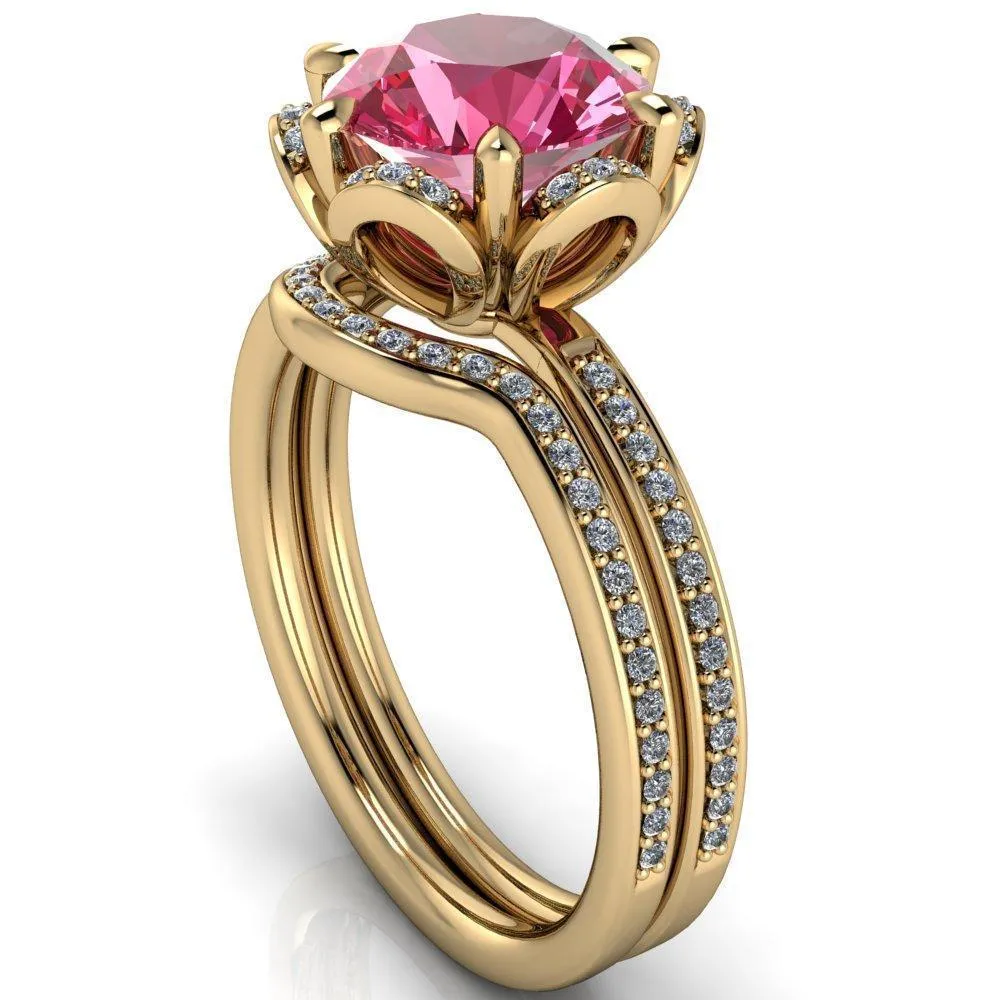 Daisy Round Pink Sapphire Floral Diamond Basket Design and Diamond Shoulders Ring