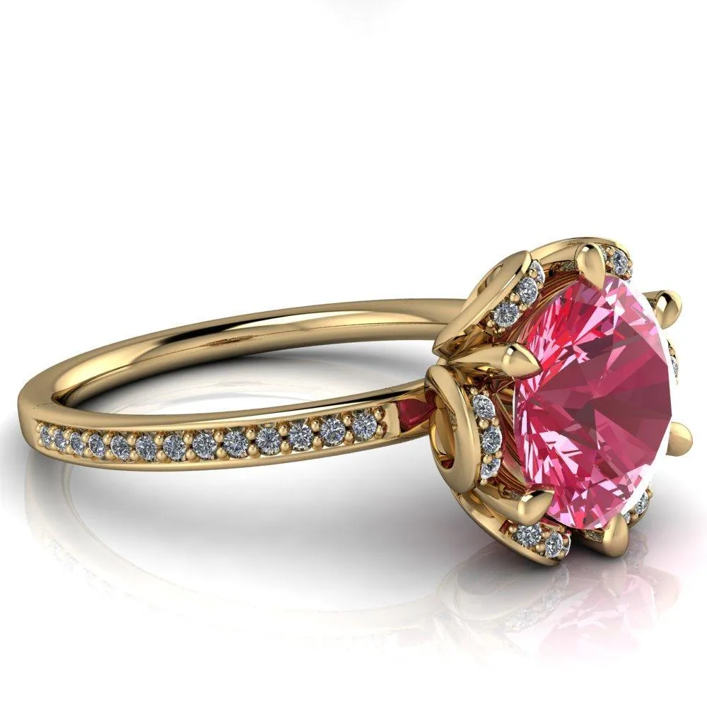 Daisy Round Pink Sapphire Floral Diamond Basket Design and Diamond Shoulders Ring