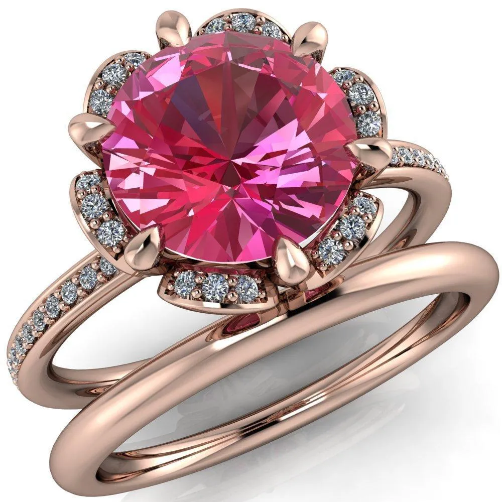 Daisy Round Pink Sapphire Floral Diamond Basket Design and Diamond Shoulders Ring