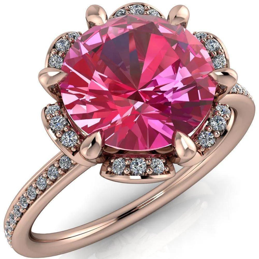 Daisy Round Pink Sapphire Floral Diamond Basket Design and Diamond Shoulders Ring
