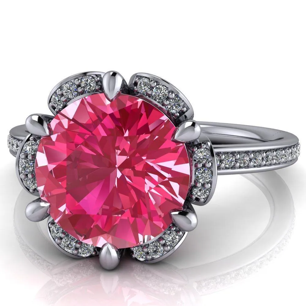 Daisy Round Pink Sapphire Floral Diamond Basket Design and Diamond Shoulders Ring