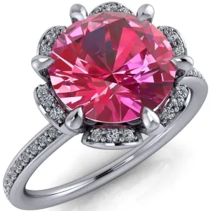 Daisy Round Pink Sapphire Floral Diamond Basket Design and Diamond Shoulders Ring