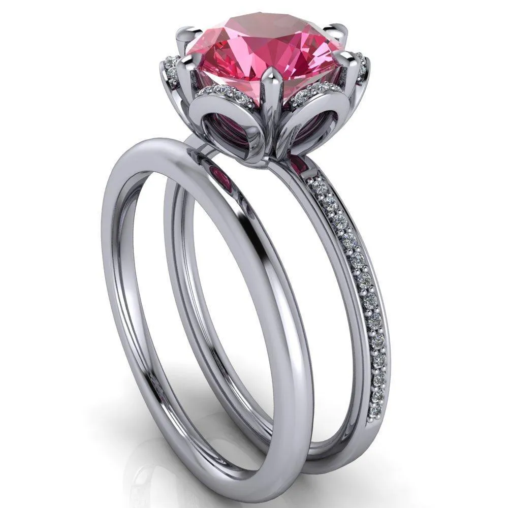 Daisy Round Pink Sapphire Floral Diamond Basket Design and Diamond Shoulders Ring