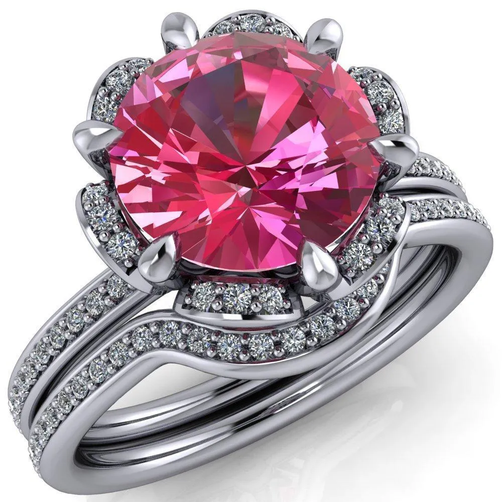 Daisy Round Pink Sapphire Floral Diamond Basket Design and Diamond Shoulders Ring