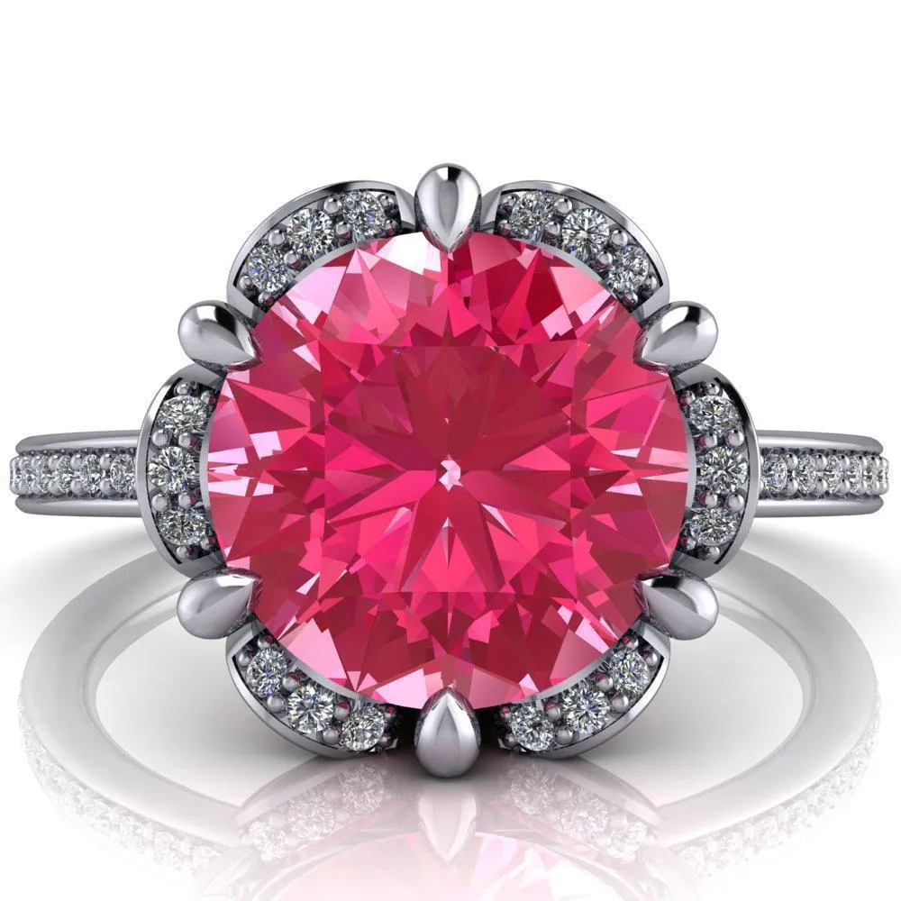 Daisy Round Pink Sapphire Floral Diamond Basket Design and Diamond Shoulders Ring