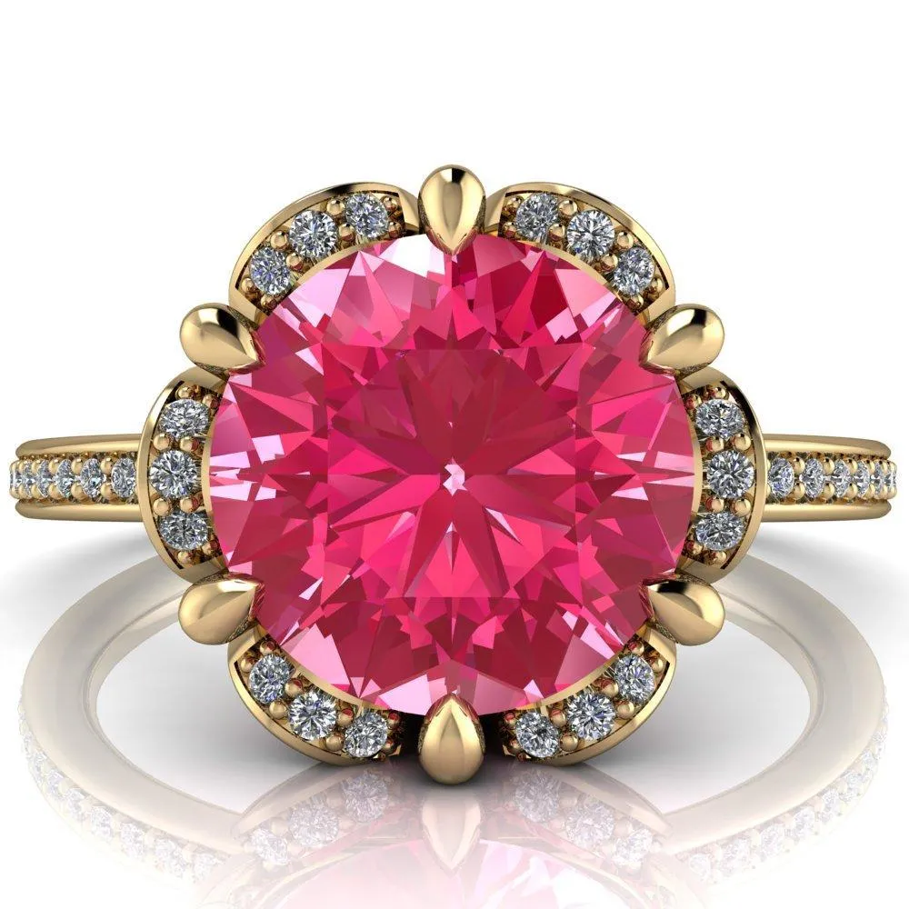 Daisy Round Pink Sapphire Floral Diamond Basket Design and Diamond Shoulders Ring