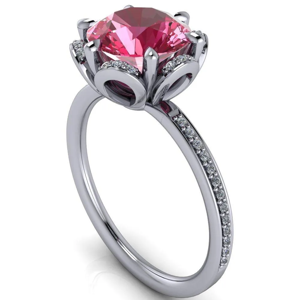 Daisy Round Pink Sapphire Floral Diamond Basket Design and Diamond Shoulders Ring