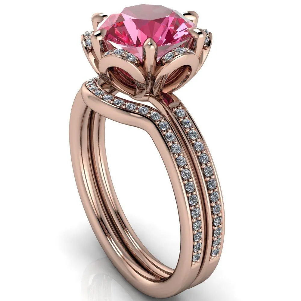 Daisy Round Pink Sapphire Floral Diamond Basket Design and Diamond Shoulders Ring