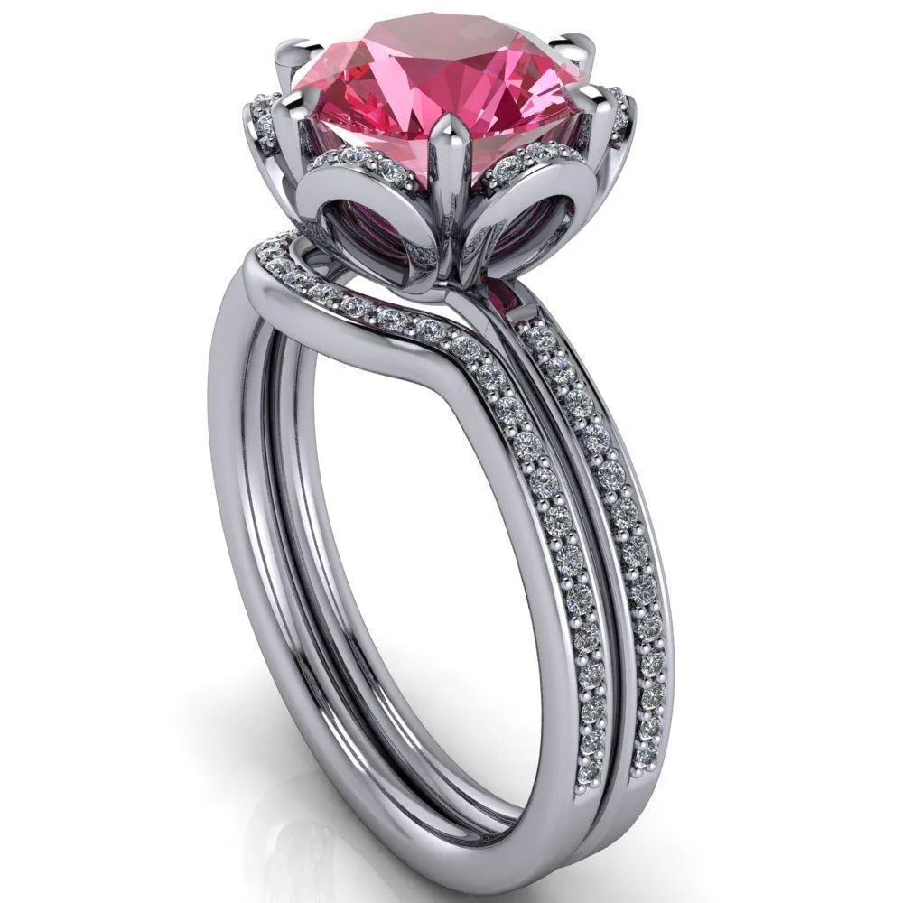 Daisy Round Pink Sapphire Floral Diamond Basket Design and Diamond Shoulders Ring